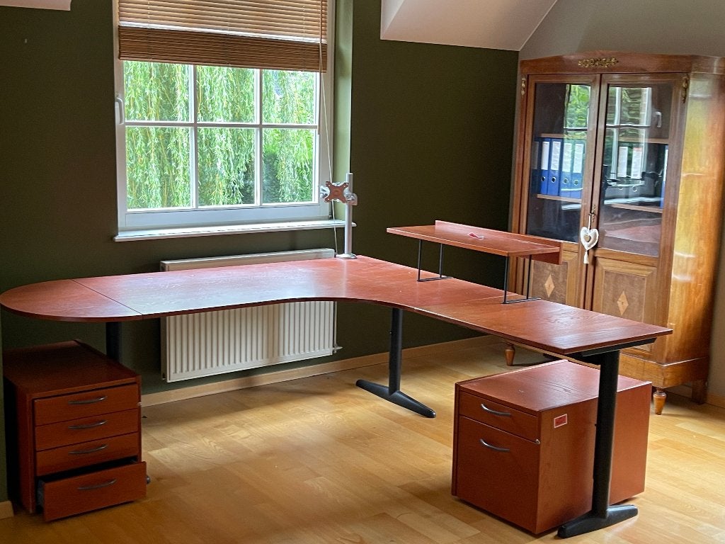 Volledig bureau + 2 archiefkasten op wielen, Huis en Inrichting, Bureaus, Ophalen, 160 cm, Hout, Hoekbureau