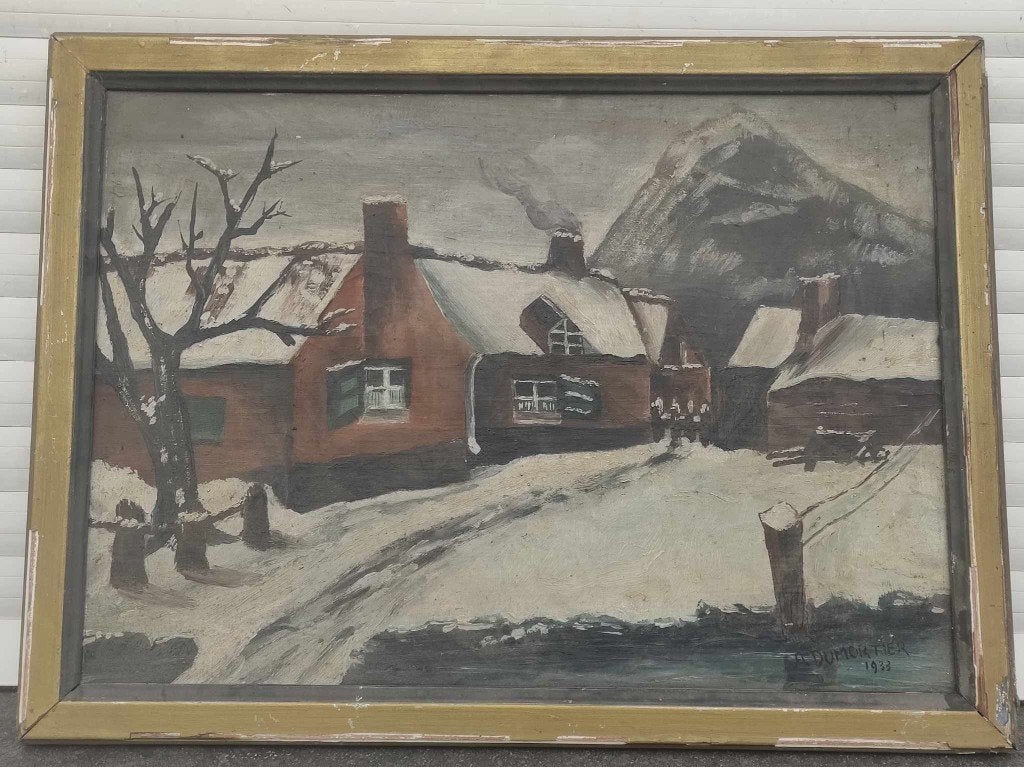 huile sur toile maison enneige signe a dumortier, Antiek en Kunst, Ophalen of Verzenden, Doek