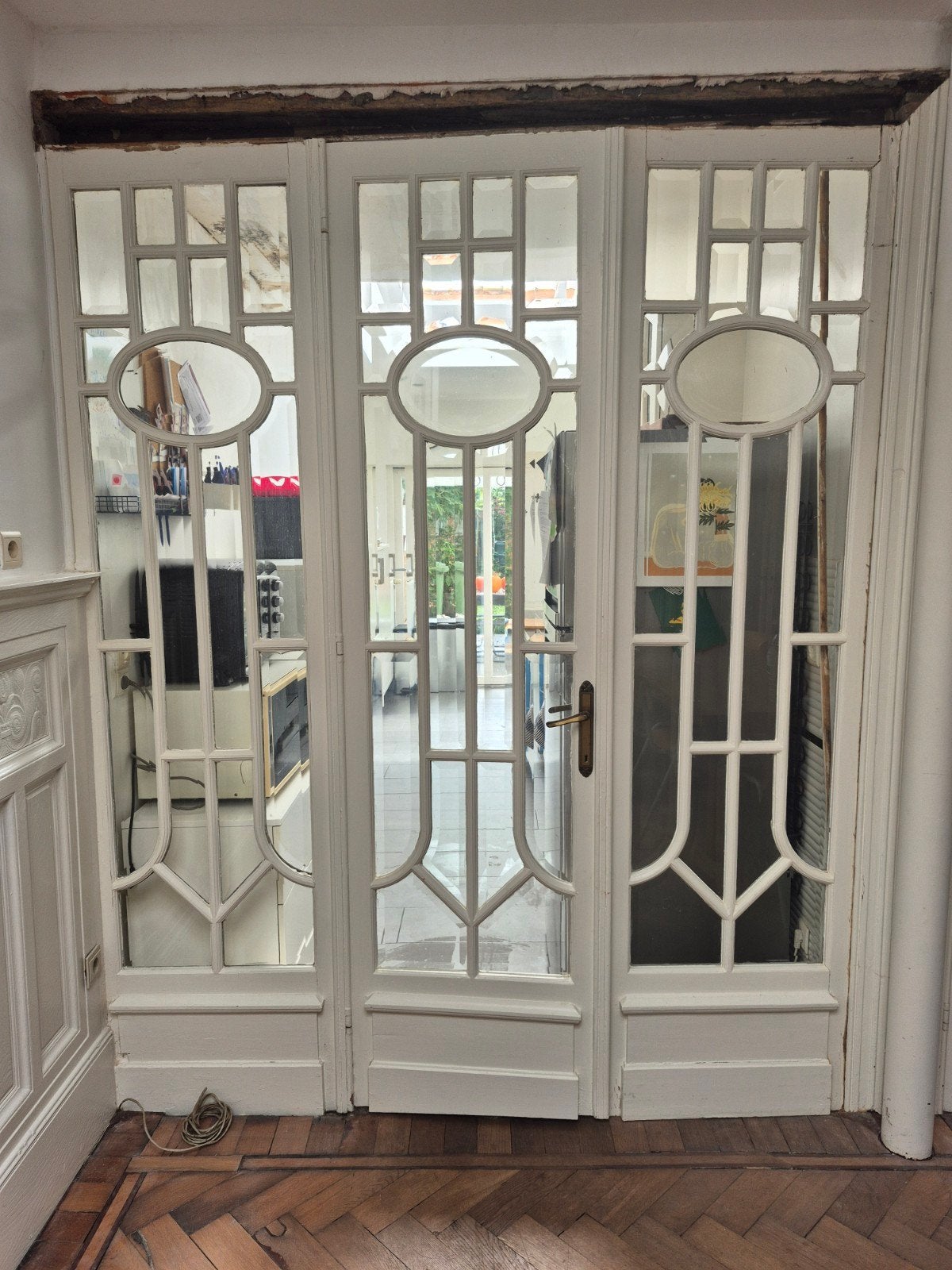 Authentieke Art Deco deurpartij met glas – dubbele binnendeu, Doe-het-zelf en Bouw, Ophalen, Gebruikt, Deurkozijn, 150 tot 225 cm