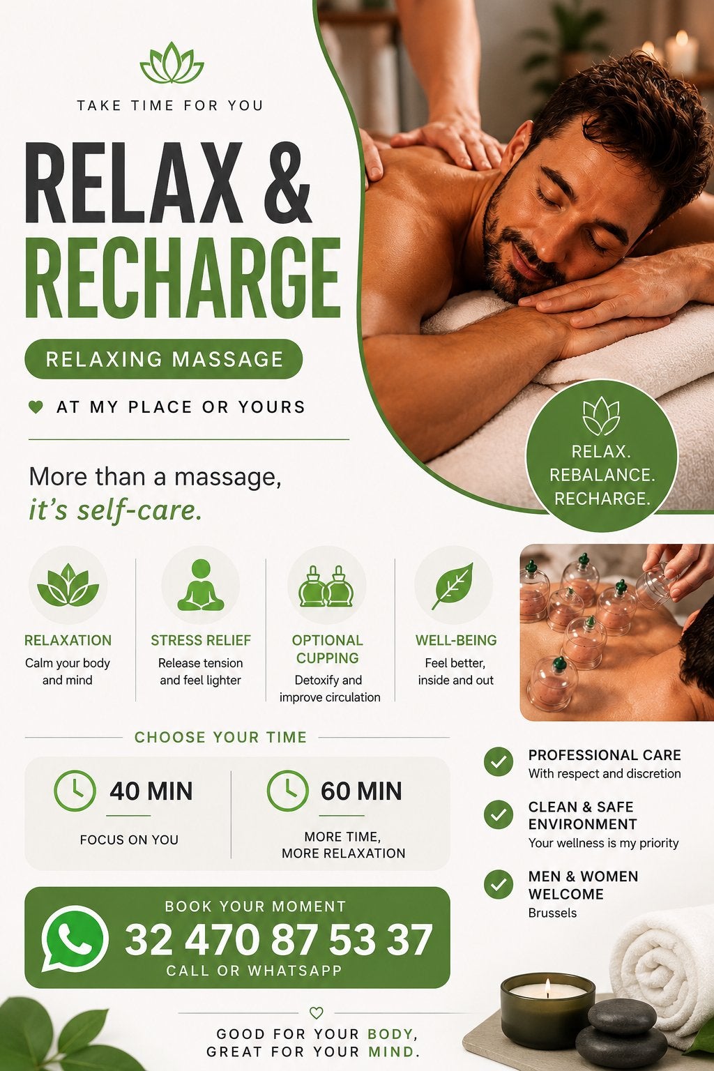 Relax & Recharge - Ventouses/Cupping Available 32 470875337, Massage en entreprise