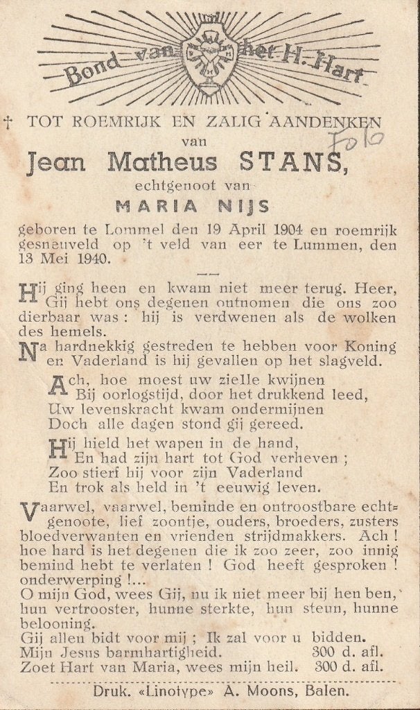 Gesneuvelde 1940-45 Jean Stans  Lummen 13.05.1940, Verzamelen, Bidprentjes en Rouwkaarten, Ophalen of Verzenden