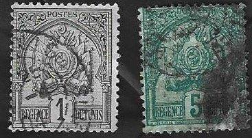 2 Postzegels Tunesië 1888 Regentschapswapen, Postzegels en Munten, Postzegels | Afrika, Ophalen of Verzenden, Tunesië, Gestempeld