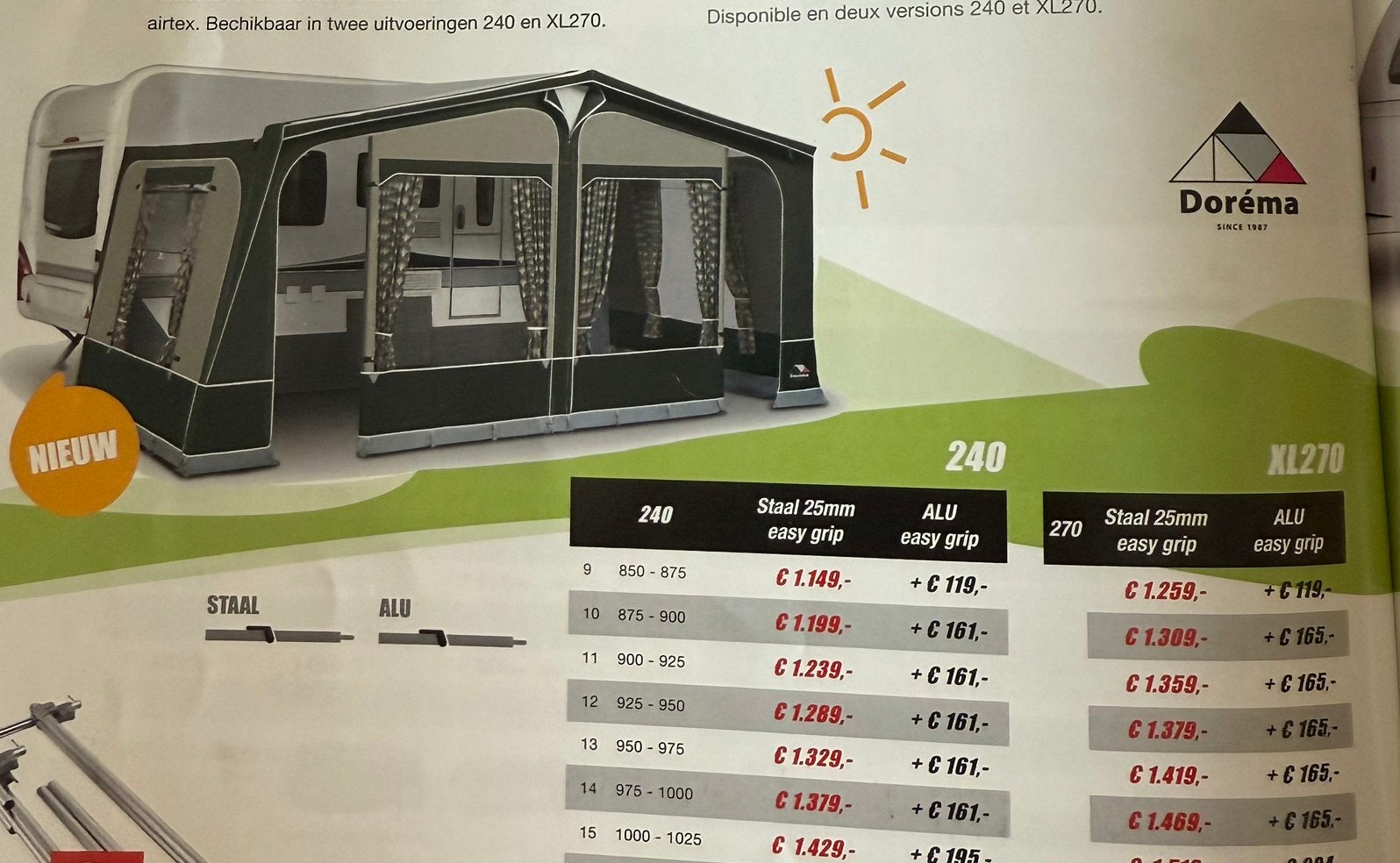 Dorema XL270 voortent maat 14– aluminium Easy Grip stokken, Enlèvement, Comme neuf, Dorema
