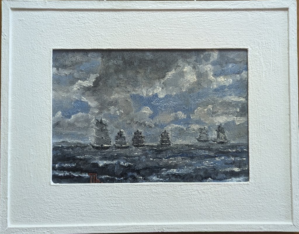 « Navires à l'horizon » Impressionnisme, Textile, Peinture à l'huile, Enlèvement ou Envoi, Paysage