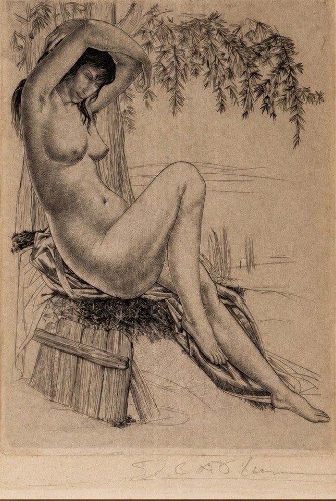 Kunst Naakt bij boom van De Bruyne G, Ophalen, Gesigneerd
