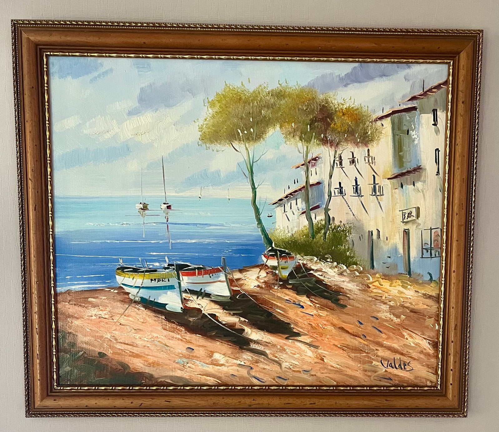 Handgeschilderd olieverfschilderij Mediterrane kust 60x50 cm, Antiquités & Art, Enlèvement, Signé, Toile