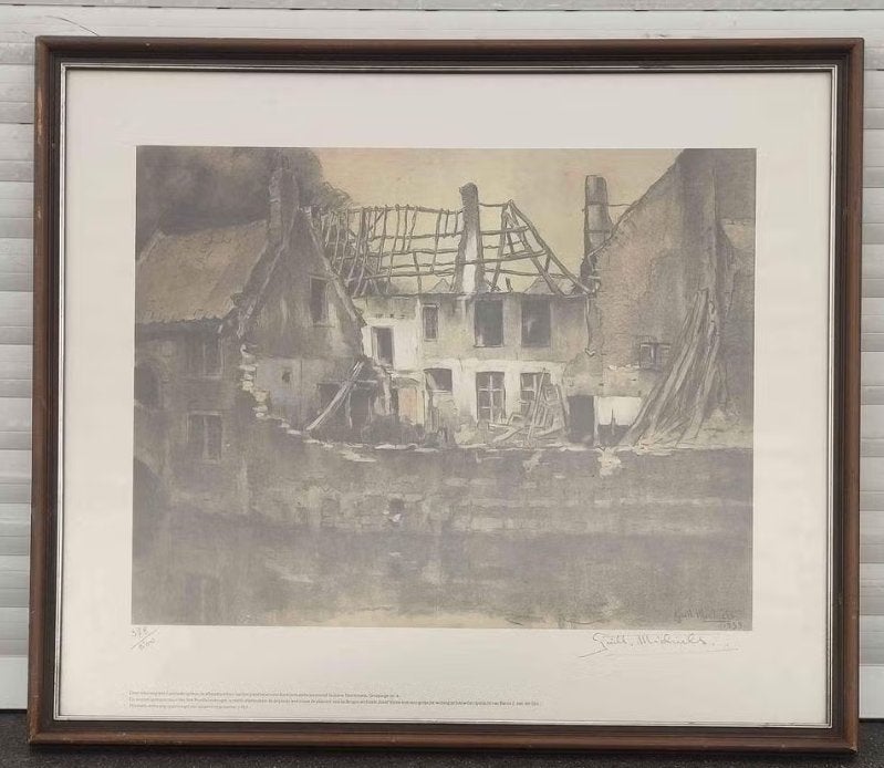Lithographie maison en ruines signe Guillaume michiels, Ophalen of Verzenden, Lithografie