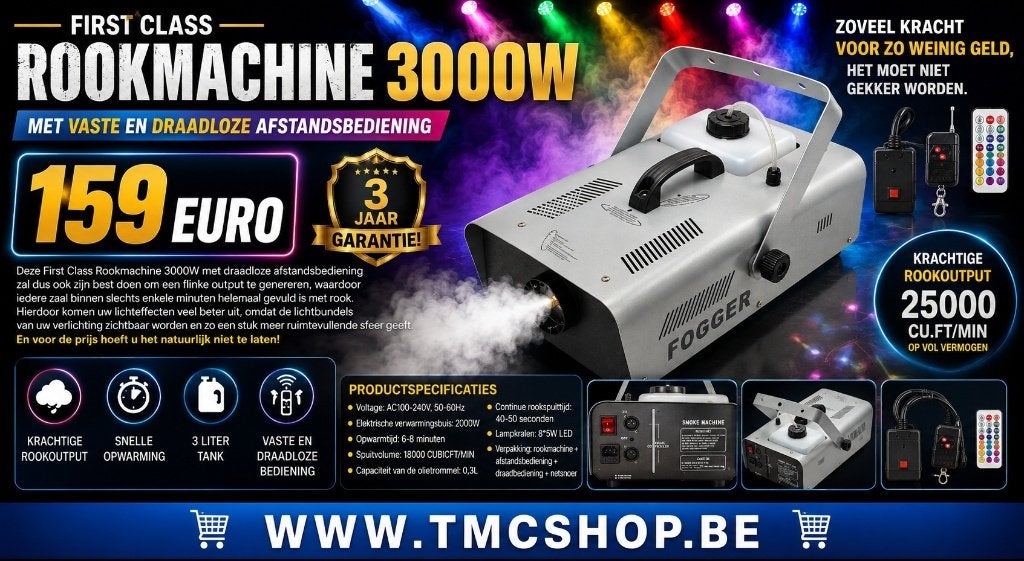 Nieuwe First Class Rookmachine 3000W met Vaste en draadloze, Ophalen of Verzenden, Nieuw, Licht, Geluidgestuurd