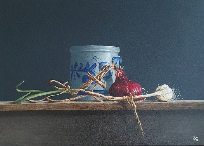 Kunsthandel Gennep - "Keulse Pot Met Rode Ui En Knoflook", Antiquités & Art, Enlèvement ou Envoi, Bois, Signé, Peinture à l'huile