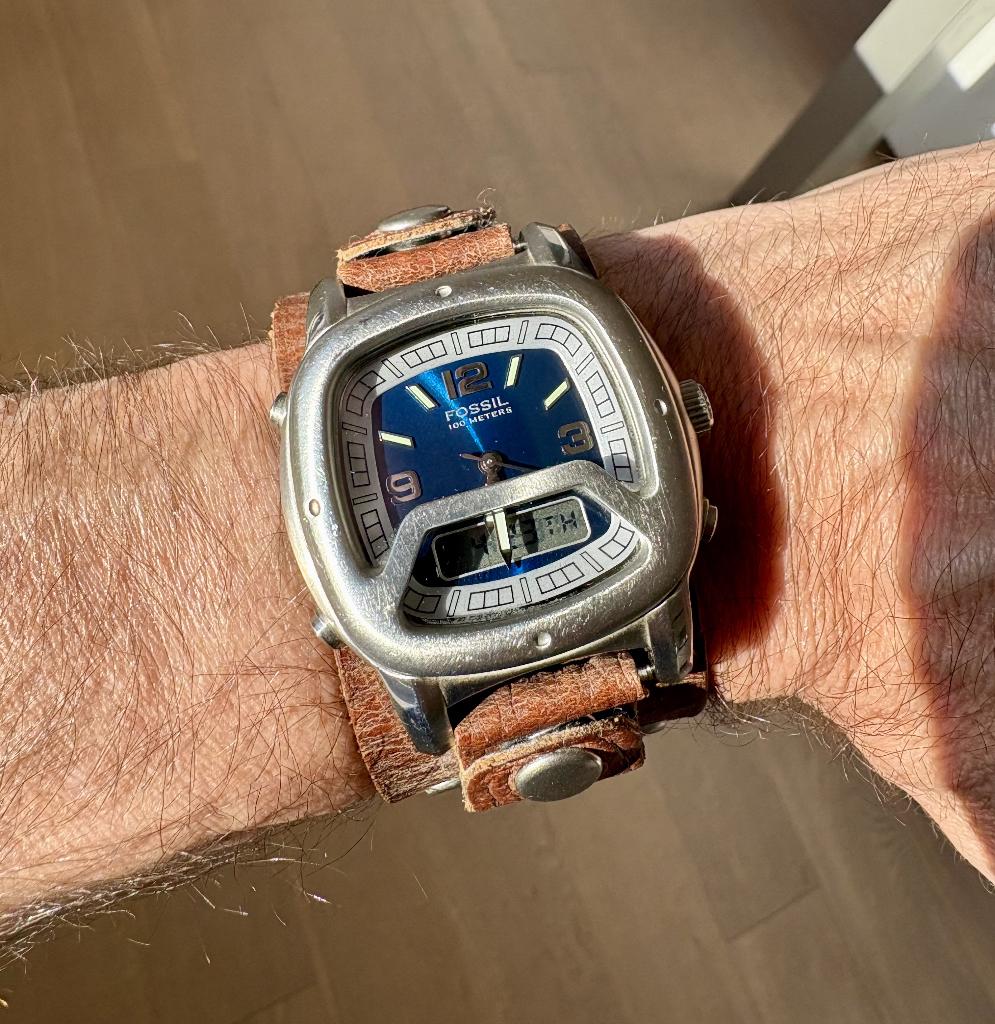 Fossil horloge - 'Blue' - Nieuwe Battery - Originele doos, Staal, Polshorloge, Ophalen of Verzenden, Leer