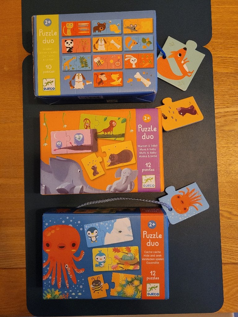 Puzzel duo Djeco - set van 3 puzzels, Enlèvement ou Envoi, 10 à 50 pièces, Comme neuf, 2 à 4 ans