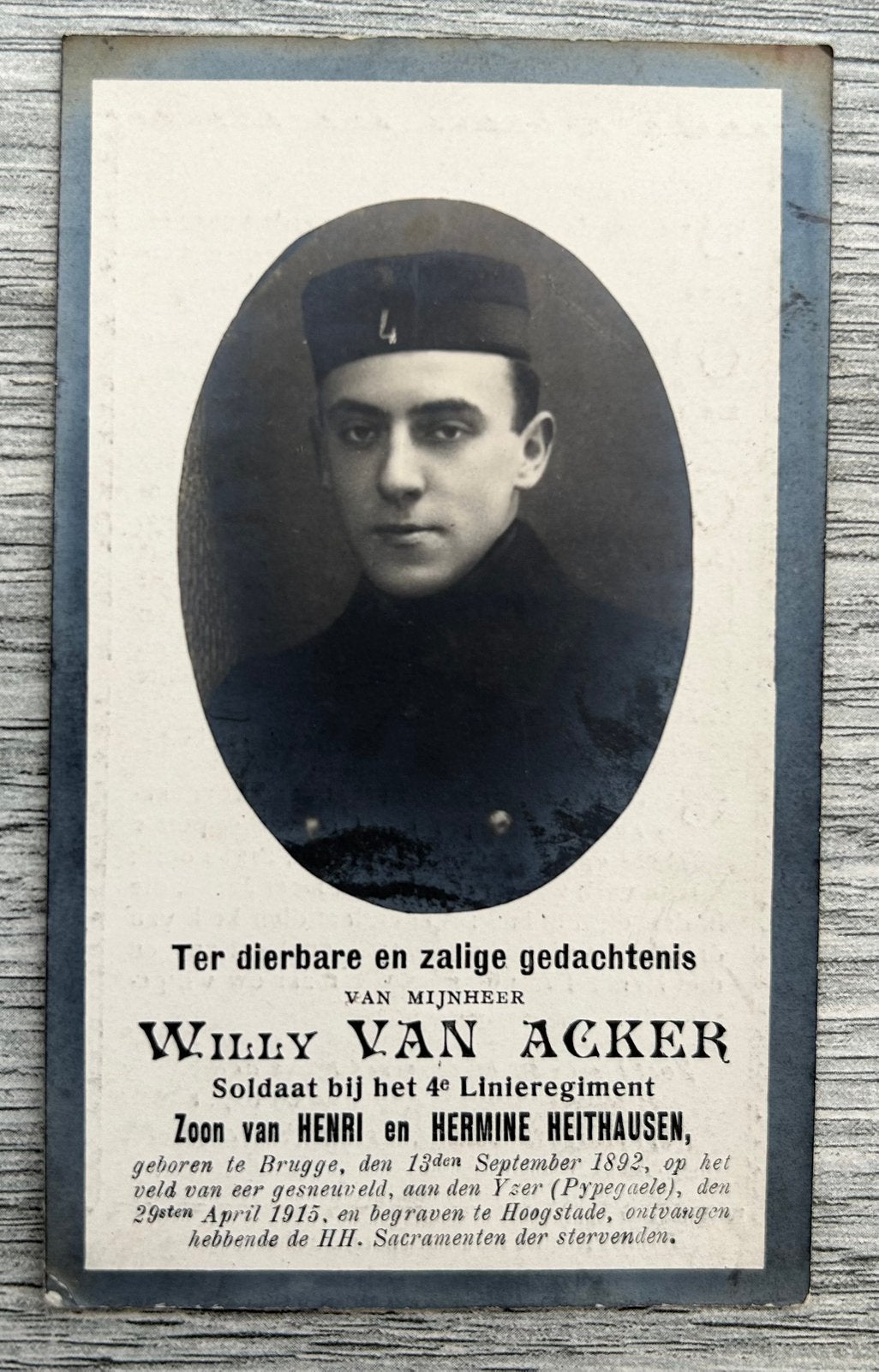 1915 : SOLDAAT Willy Van Acker , geboren te Brugge, Verzamelen, Ophalen of Verzenden