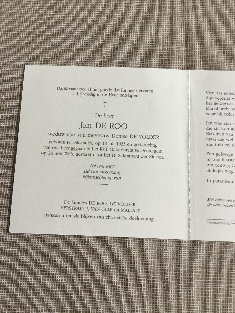 Rijkswachter J.De Roo Diksmuide +Dentergem  D.De Volder, Verzamelen, Ophalen of Verzenden, Bidprentje
