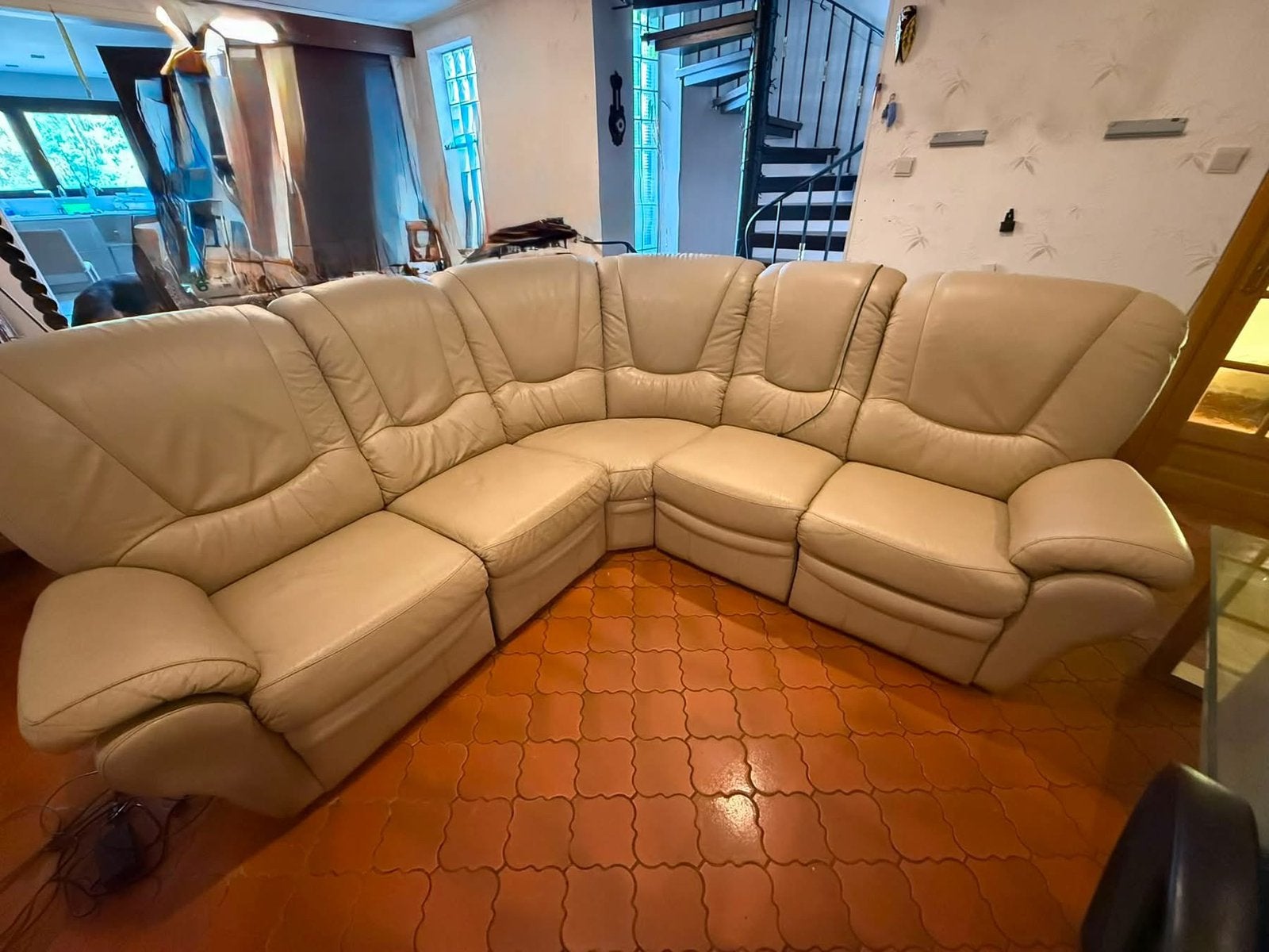 Divan cuir beige clair, Enlèvement, Utilisé, Cuir