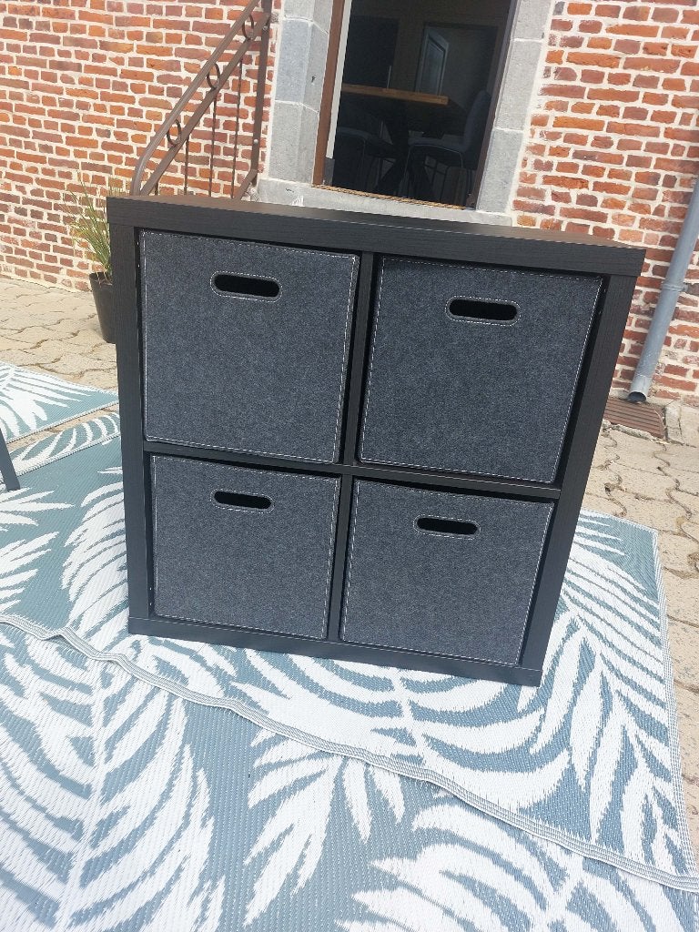 Meuble étagère Kallax brun-noir 4 cases avec bacs comme neuf, Enlèvement, Comme neuf