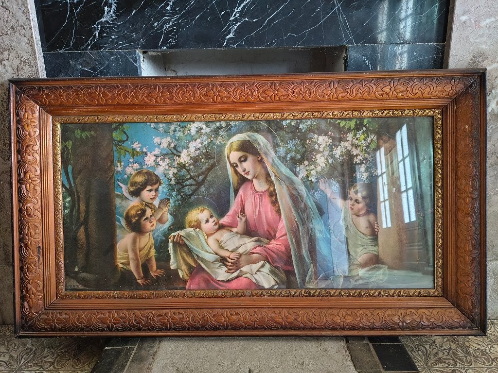 Oude kader met religieuze prent, Antiek en Kunst, Ophalen