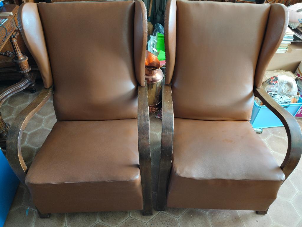 Bruine skai fauteuils uit de jaren 60/70, Ophalen, Gebruikt, Hout, Vintage 60/70s