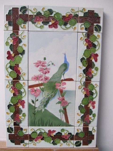 Tegelpaneel antieke wandtegels pauw 46 x 30,cm, Antiek en Kunst, Ophalen of Verzenden