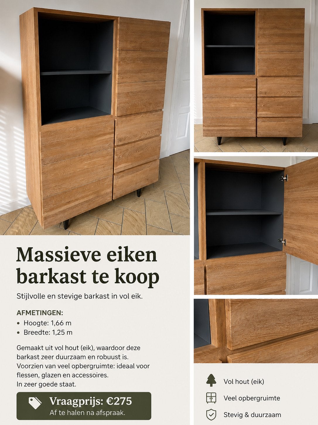 Armoire de bar/commode en chêne massif, Maison & Meubles, Enlèvement, Comme neuf, Chêne