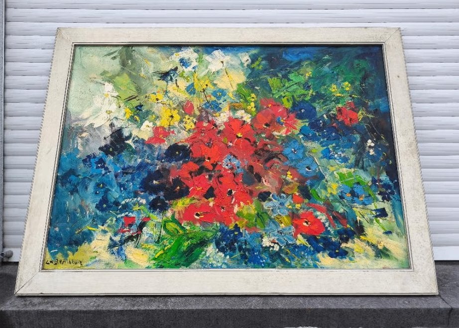 Huile sur toile fleurs signe christian brasseur, Ophalen, Bloemen, Doek