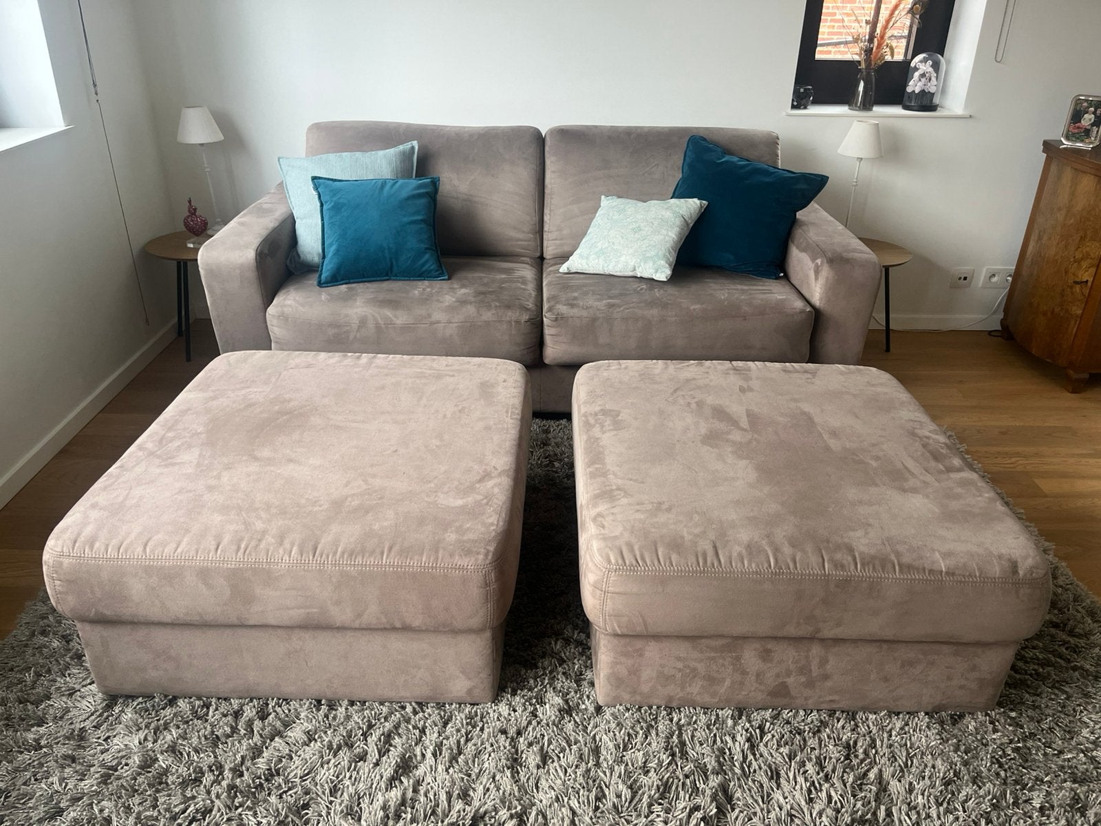 Slaapbank + 2 grote poefs, Huis en Inrichting, Ophalen, Gebruikt, Beige