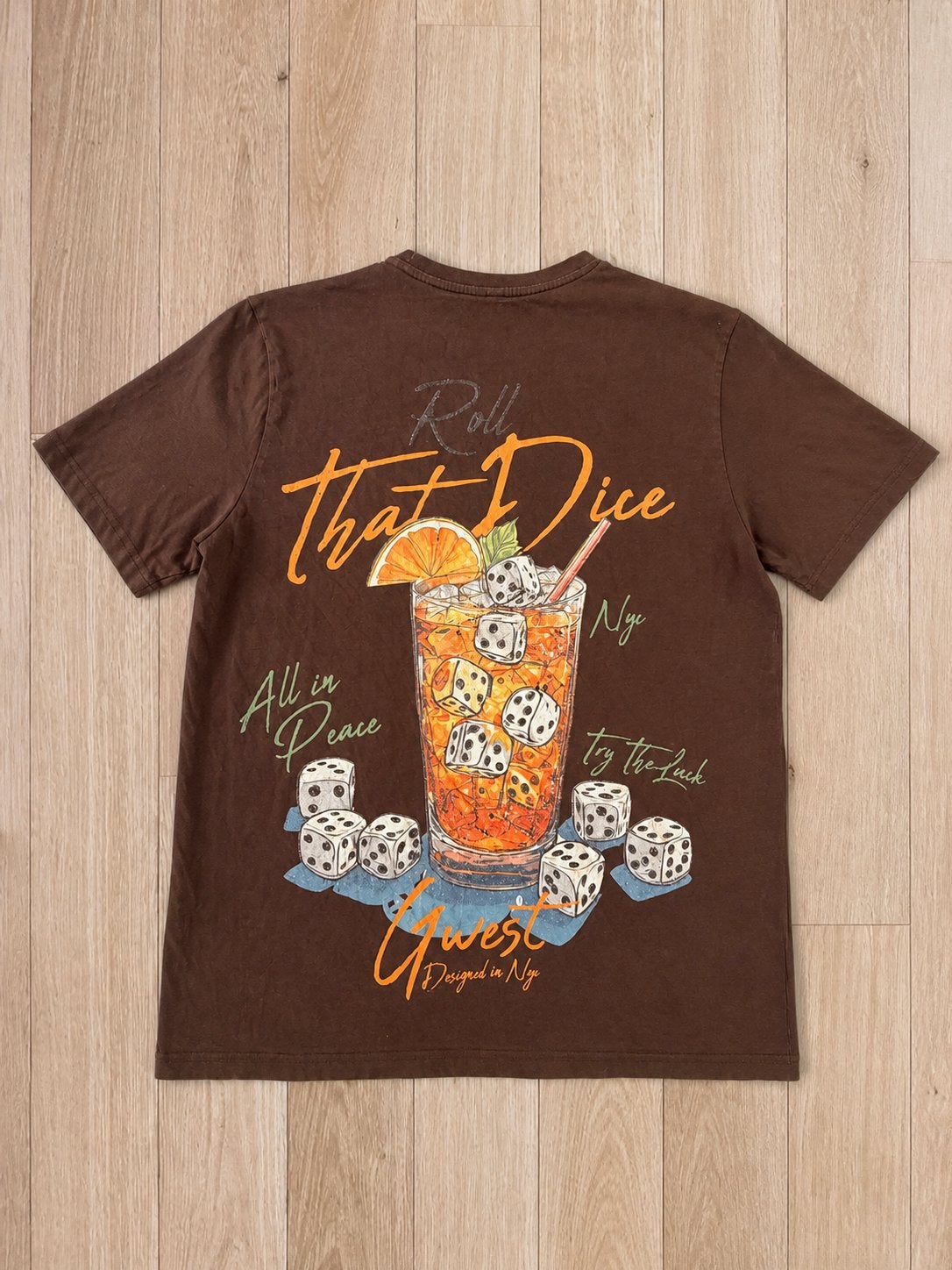 T-shirt G West Roll That Dice – Graphic Back - Taille M, Envoi, Porté, Taille 48/50 (M), Brun