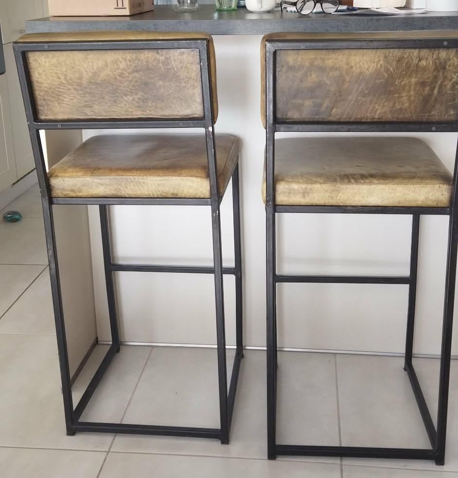 2 Chaises hautes de bar en fer forgé et cuir, Enlèvement, Utilisé