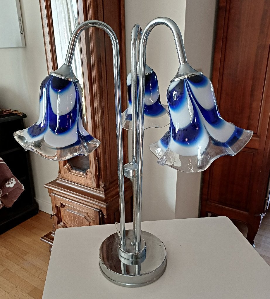 Prachtige vintage 3-armige Murano stijl glazen tafellamp '70, Ophalen