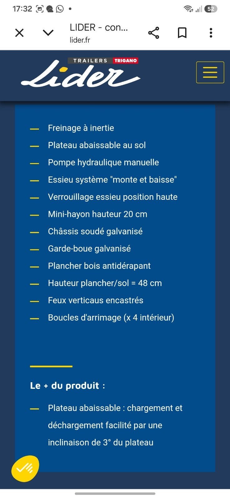 plateau hydraulique simple essieu 1500 kg