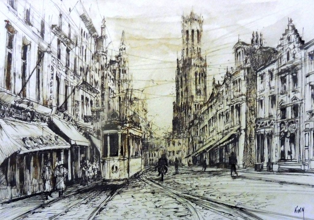 Tirage d'art 4/25 "Vlamingstraat 1950" 21x29,7cm, Dessin, Paysage urbain / rural, Papier, Envoi