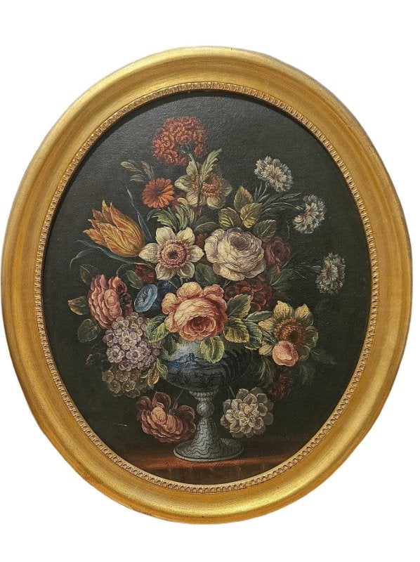 Schilderij Spaanse school - boeket met rozen ( XX ) Antiek, Antiek en Kunst, Bloemen, Paneel, Bijzondere lijst, Ophalen of Verzenden