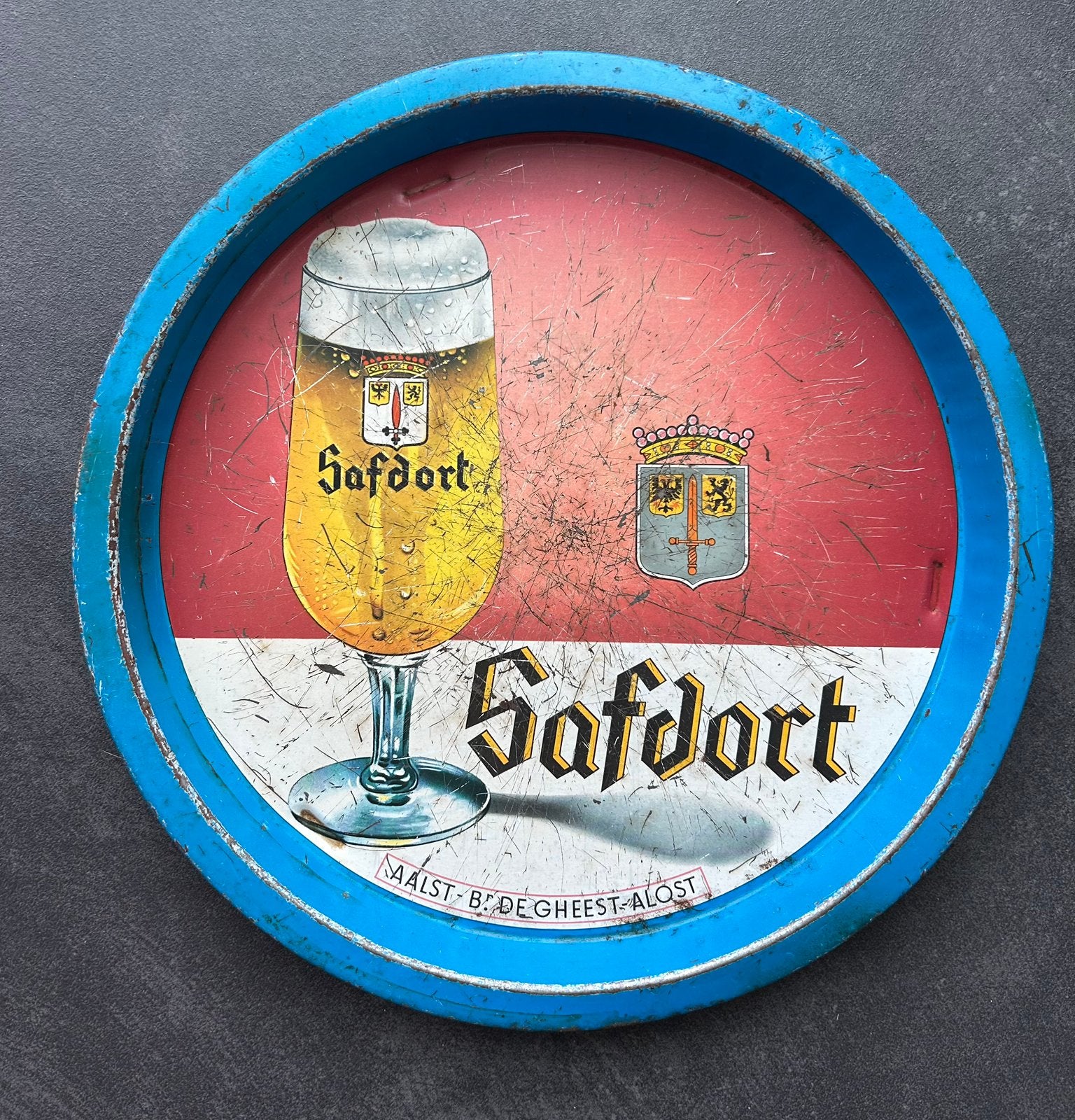 Blikken plateau Safdort De Gheest Aalst Alost, Verzamelen, Biermerken, Ophalen of Verzenden, Gebruikt, Reclamebord, Plaat of Schild