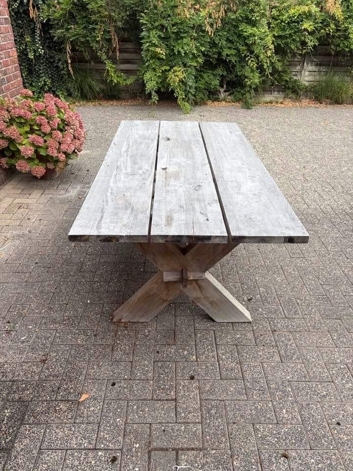 Massief houten terras tafel., Tuin en Terras, Ophalen, Zo goed als nieuw, Rechthoekig, Teakhout