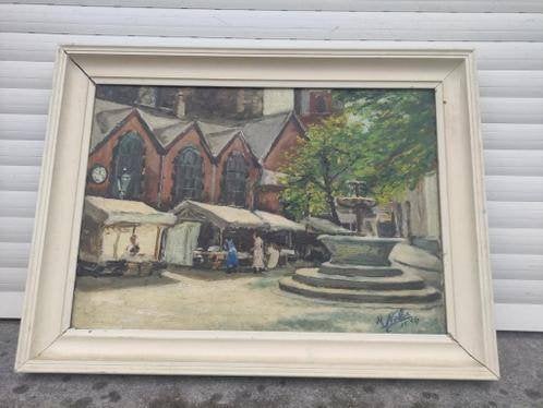 huile sur toile place saint denis a liege signe m nelis 1934, Enlèvement ou Envoi, Toile
