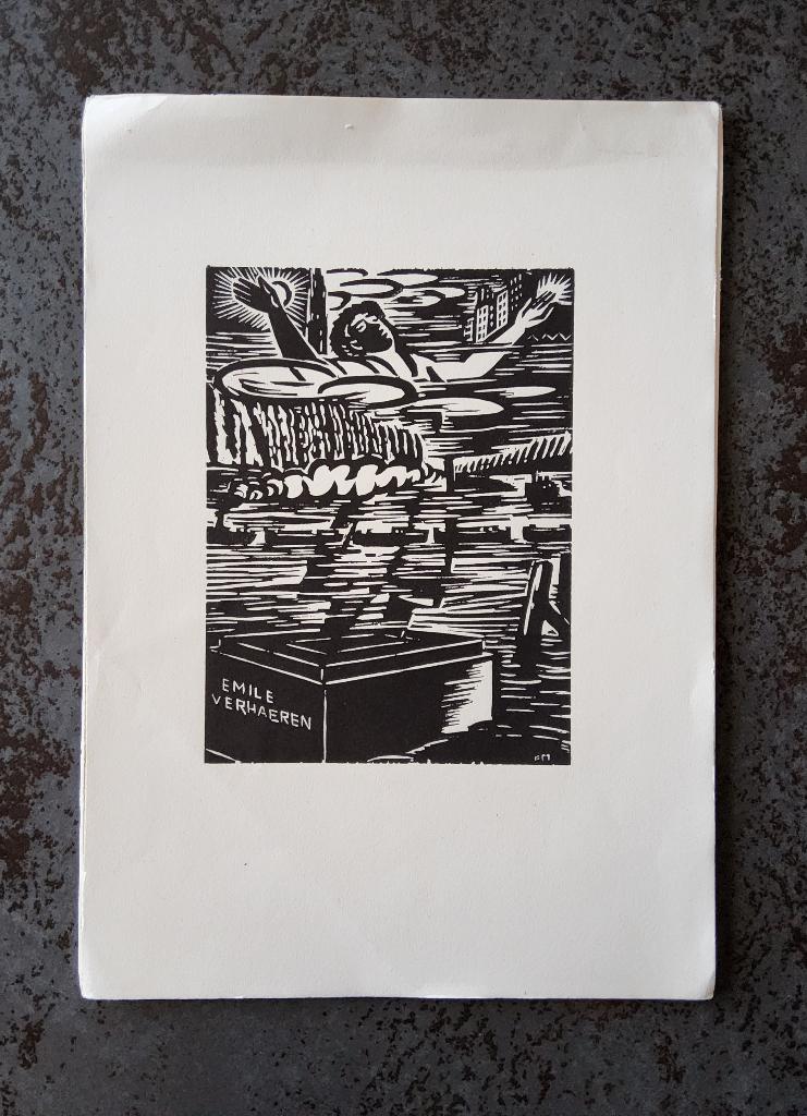 Houtsnede Sint-Amands aan de Schelde door Frans Masereel, 28 cm, 1950 - 1999, 19 cm, Architectuur