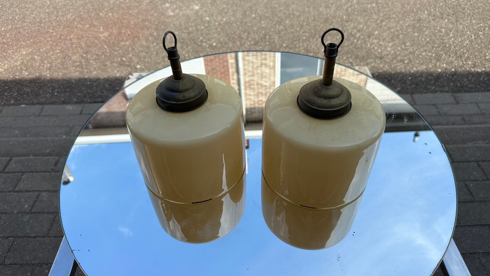vintage opaline glazen hanglamp, 2 stuks, Antiek en Kunst, Ophalen of Verzenden