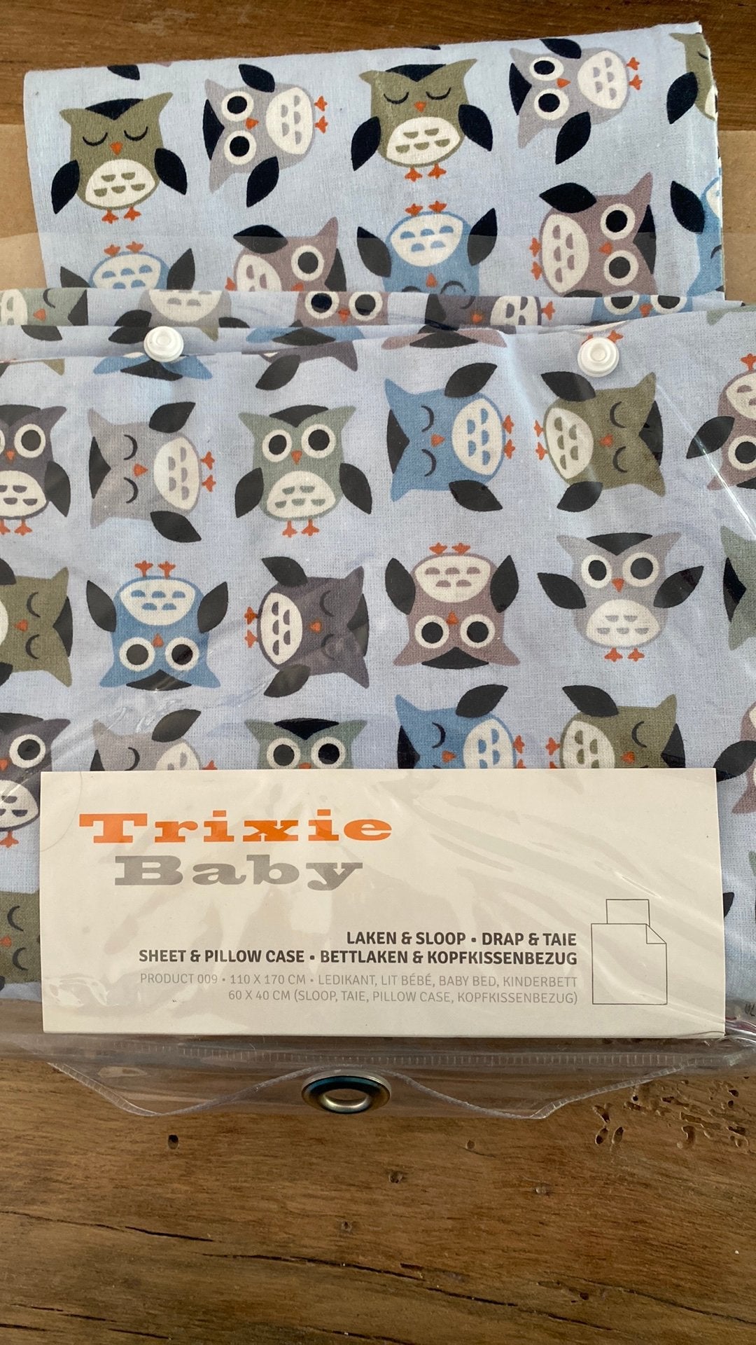 Trixie baby lakentje en sloop uiltjes, Ophalen, Zo goed als nieuw, Babybedje