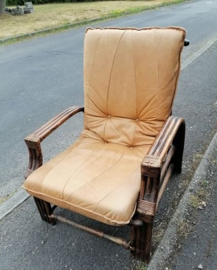Vintage fauteuil rotan leder mid-century, Ophalen, Gebruikt, Leer, 75 tot 100 cm