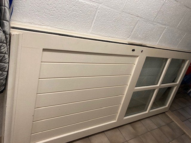 Meranti hardhout buitendeur met dubbel glas 4-ruit, Ophalen, Gebruikt, 80 tot 100 cm, 215 cm of meer