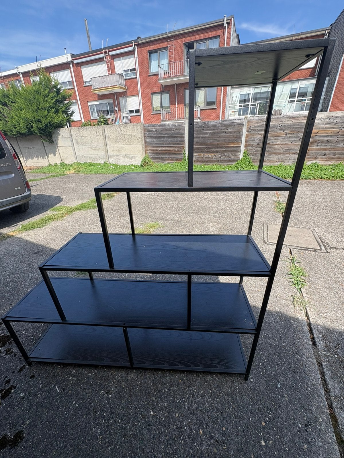 Zwart Metalen rek met houten schabben, Ophalen, Zo goed als nieuw