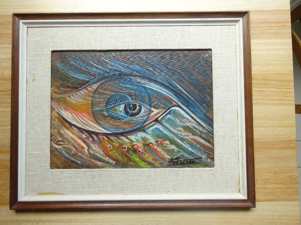 Lode Herreman, 38 x 30 cm, paneel, de nacht sluit.., Peinture à l'huile, Panneau, Surréalisme, Enlèvement