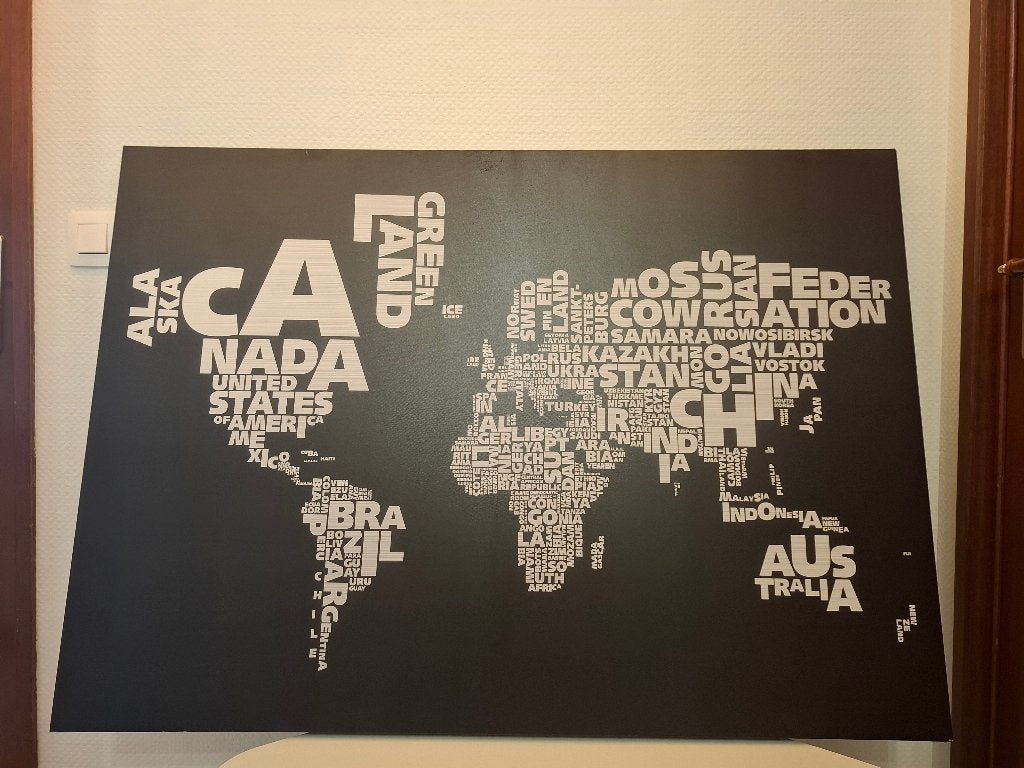 Grote wereldkaart op canvas – modern zwart-wit wanddecoratie, Ophalen, Textiel, Zo goed als nieuw, Wandbord of Wandpaneel