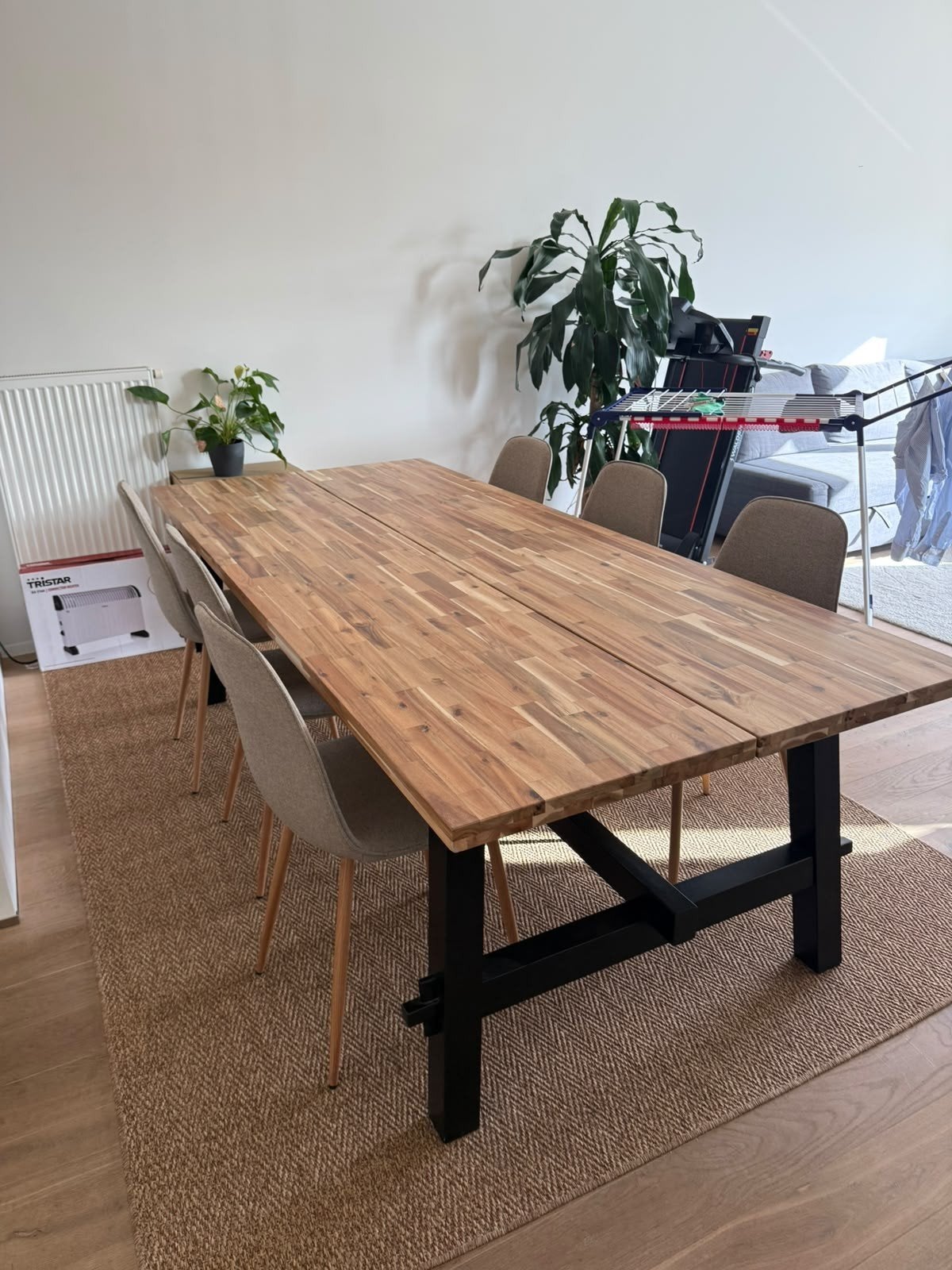 Skogsta eet tafel IKEA en 6 Bistrup stoelen Jysk, Ophalen, Zo goed als nieuw