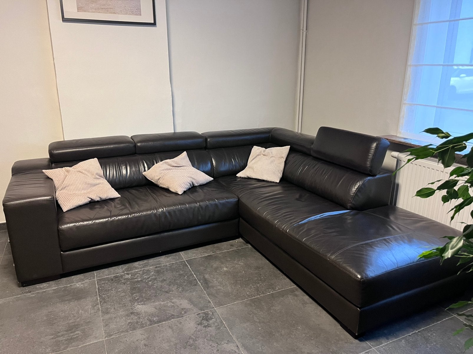 Donkerbruin lederen hoeksalon, Huis en Inrichting, Ophalen, Gebruikt, Leer