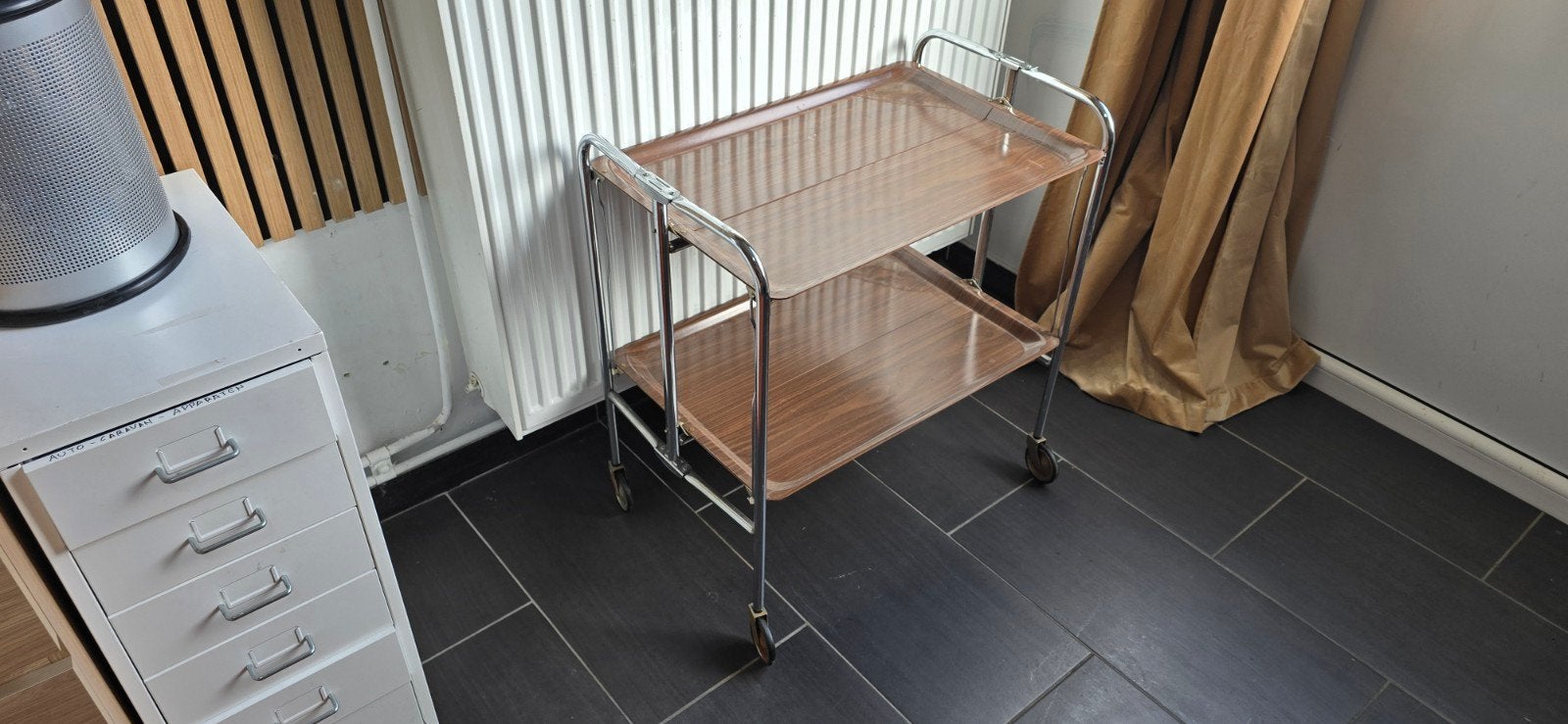 Vintage rolwagen van hout en verchroomd metaal - Jaarstijl, Ophalen of Verzenden