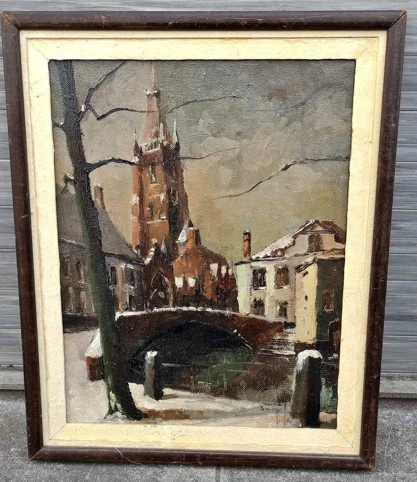 Huile sur toile église sous la neige signe Isidore saeys, Antiquités & Art, Enlèvement ou Envoi, Toile