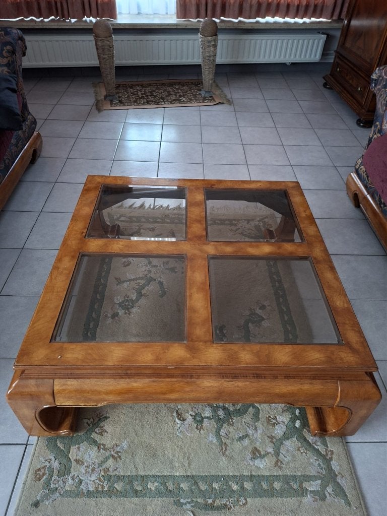 Vierkante vintage Ming salontafel wortelhout & glas, Huis en Inrichting, Tafels | Salontafels, Ophalen, Gebruikt, Vierkant, Glas