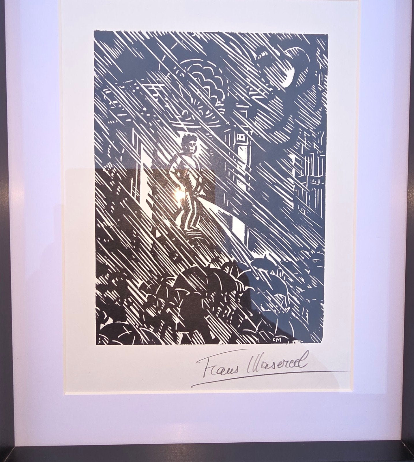Frans Masereel -Manneke Pis- gravure sur bois signée, Antiquités & Art, Enlèvement ou Envoi, Vue urbaine, Signé, 11 cm
