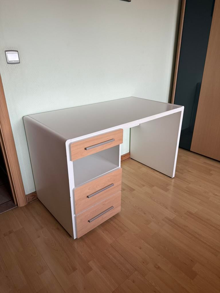 Bureau design blanc avec rangements 3 tiroirs + niche, Ophalen, Met lades, 117 cm, Hout