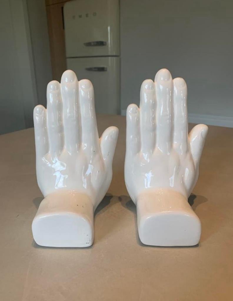 Design boeksteunen handen wit keramiek – vintage set, Huis en Inrichting, Ophalen of Verzenden, Zo goed als nieuw, Wit, Vintage